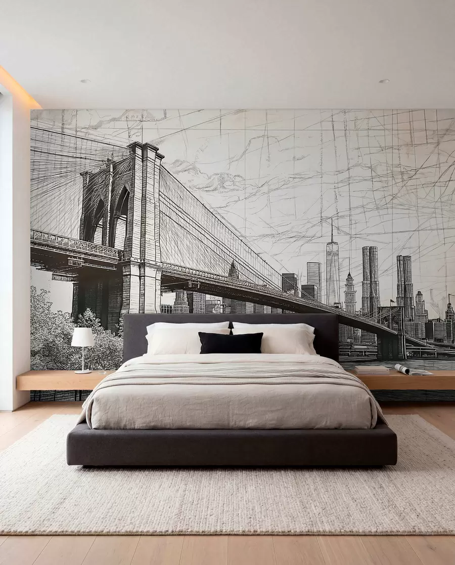 fototapeter Panorama af Brooklyn Bridge lavet i en skitseagtig retroteknik med streger og ridser w01961