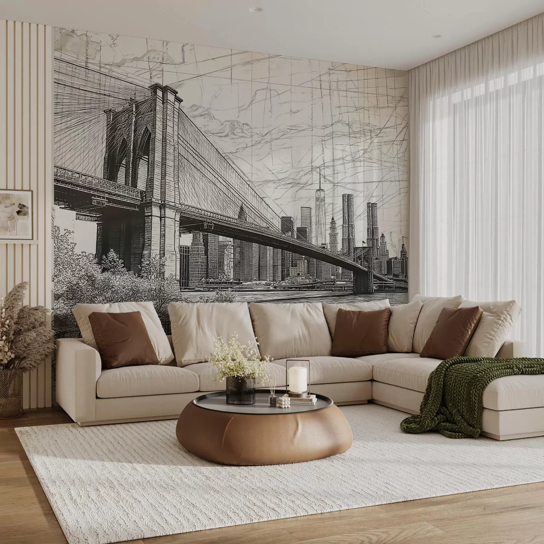 Fototapete Panorama der Brooklyn Bridge in einer skizzenhaften Retrotechnik mit Linien und Kratzern w01961
