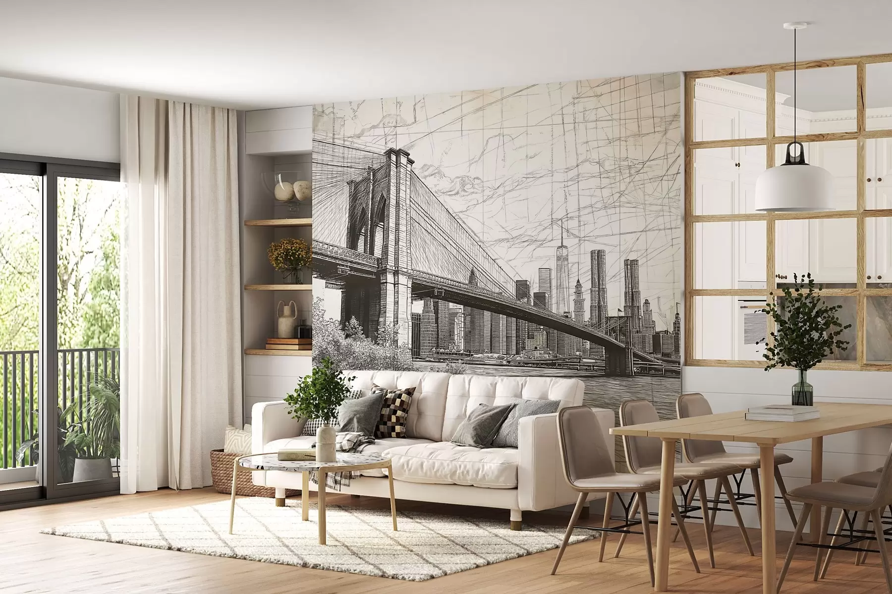 fototapeter Panorama af Brooklyn Bridge lavet i en skitseagtig retroteknik med streger og ridser w01961