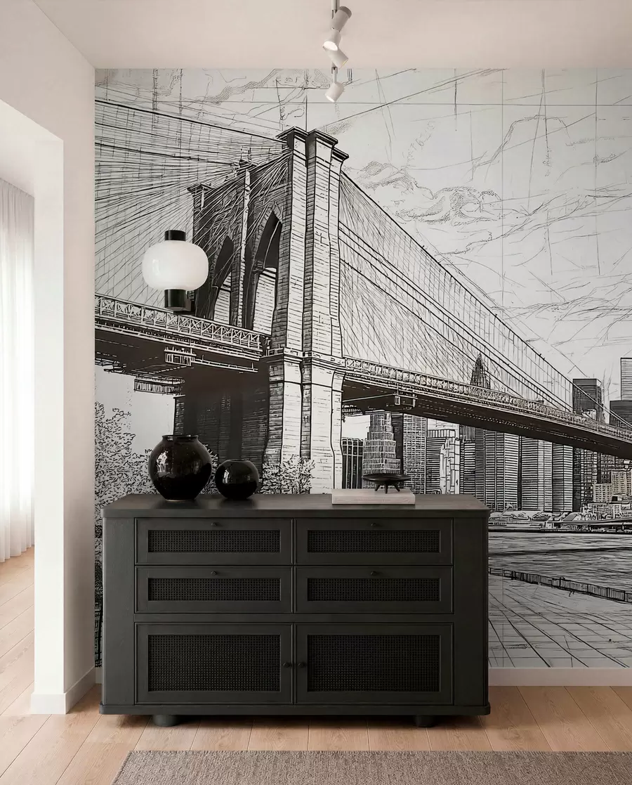 fototapeter Panorama af Brooklyn Bridge lavet i en skitseagtig retroteknik med streger og ridser w01961