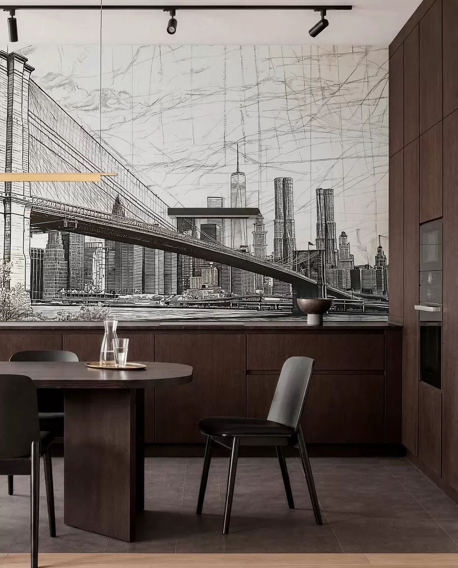 fototapeter Panorama af Brooklyn Bridge lavet i en skitseagtig retroteknik med streger og ridser w01961