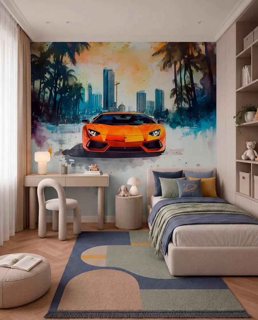 Murale Voiture de sport moderne et lumineuse sur fond de palmiers et de gratte-ciel en technique d'aquarelle à la prima w01964