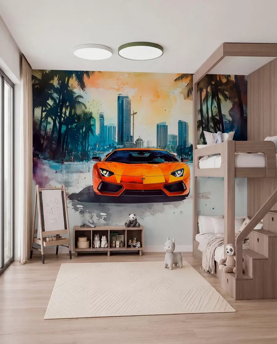 Murale Voiture de sport orange peinte w01964