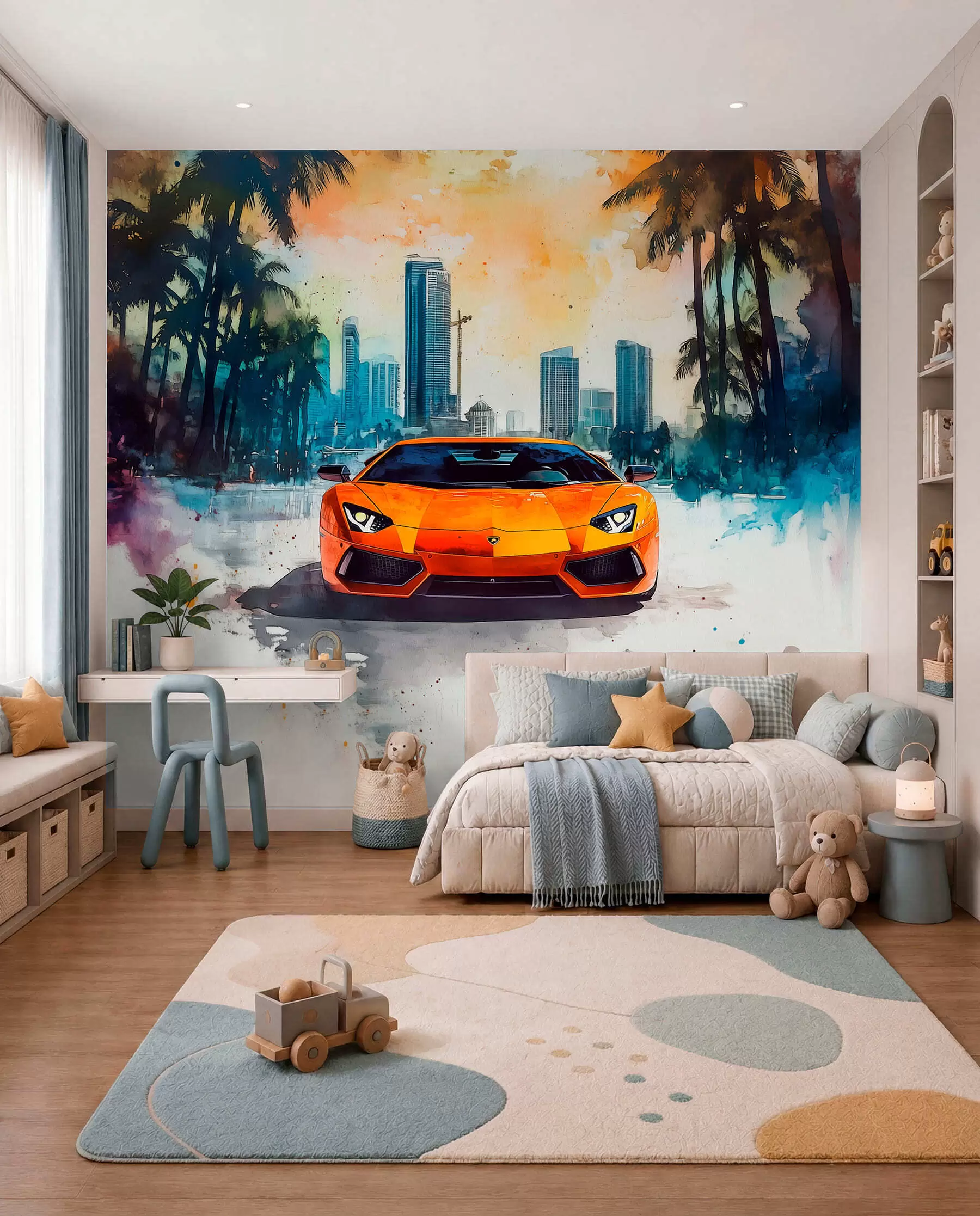 Murale Voiture de sport moderne et lumineuse sur fond de palmiers et de gratte-ciel en technique d'aquarelle à la prima w01964