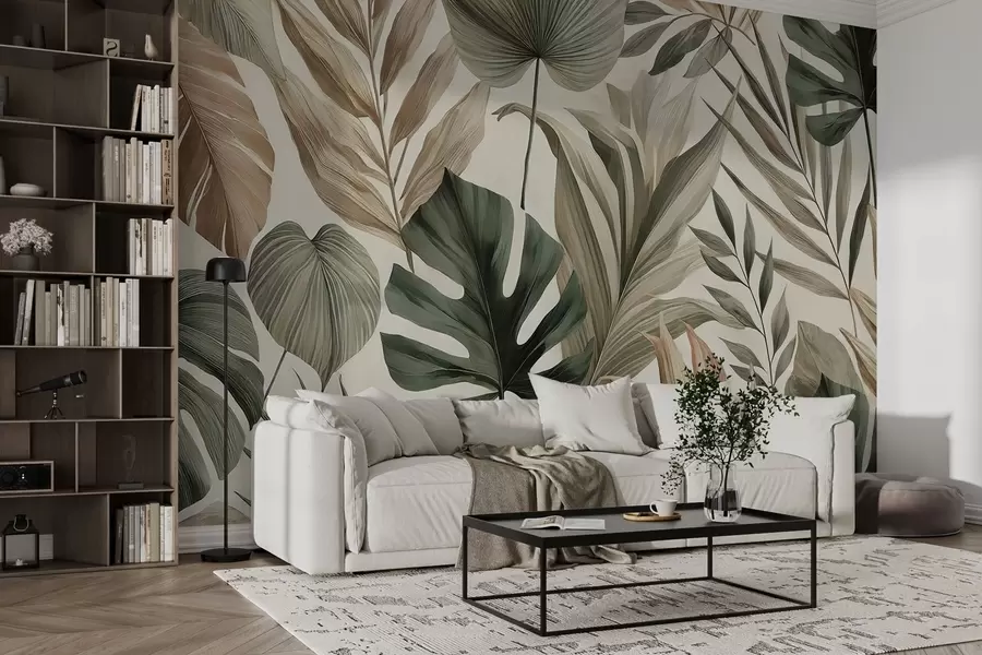 Fototapete Große tropische Blätter in zurückhaltenden, zarten Pastelltönen w02082