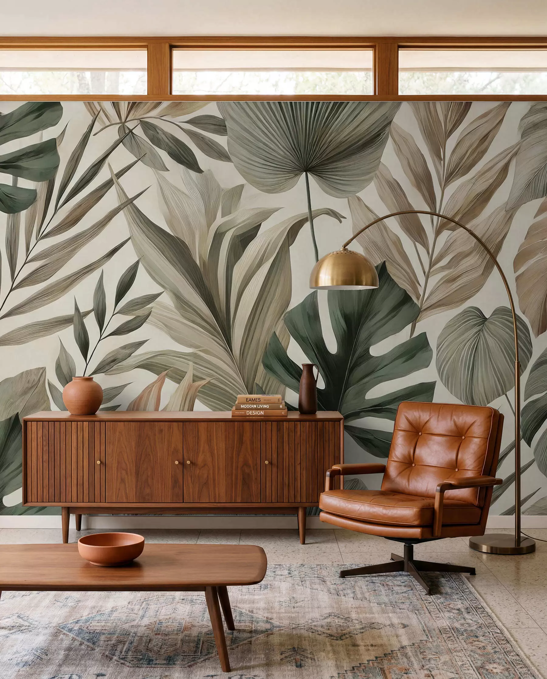 Murale Grandes feuilles tropicales dans des tons pastel délicats et sobres w02082