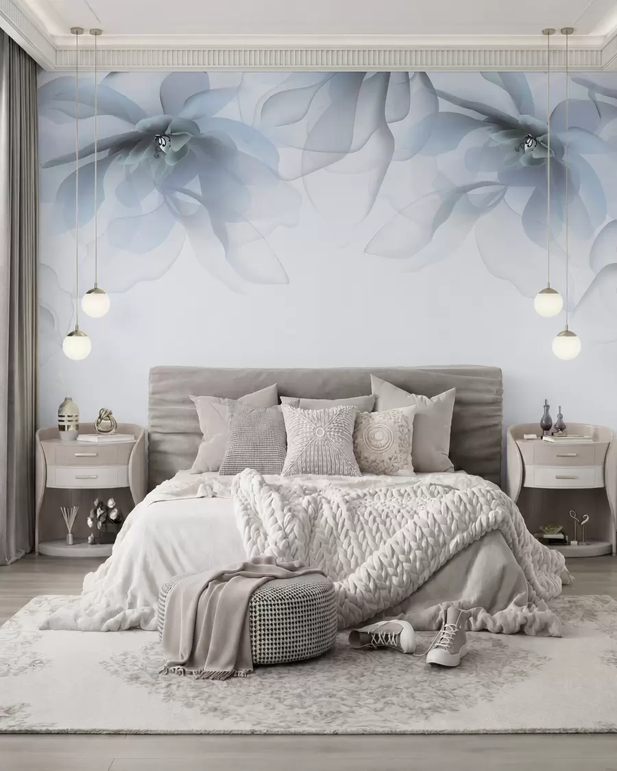 fototapeter blå gennemskinnelige store blomster på toppen w02093v2