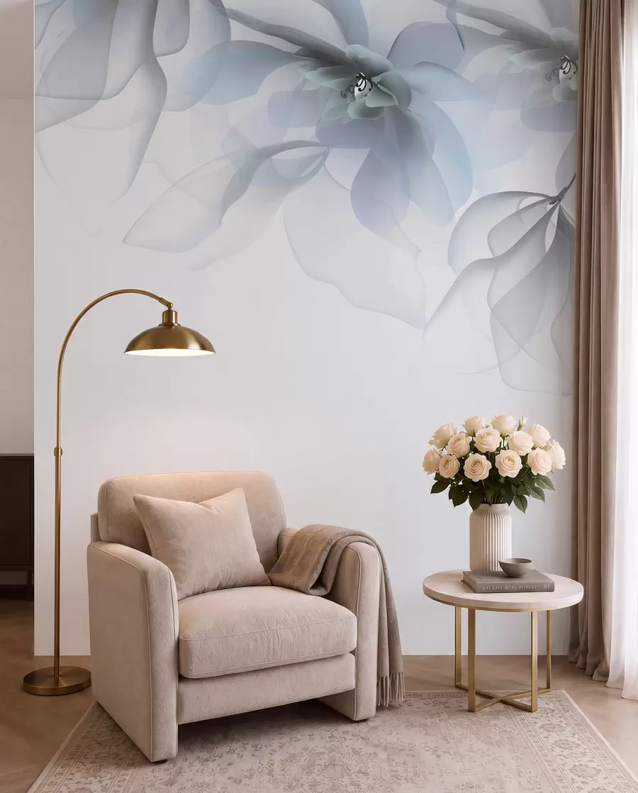 fototapeter blå gennemskinnelige store blomster på toppen w02093v2