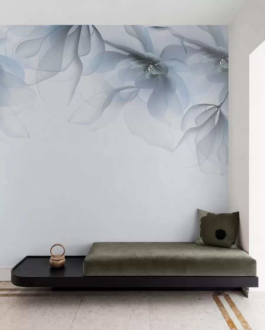 fototapeter blå gennemskinnelige store blomster på toppen w02093v2