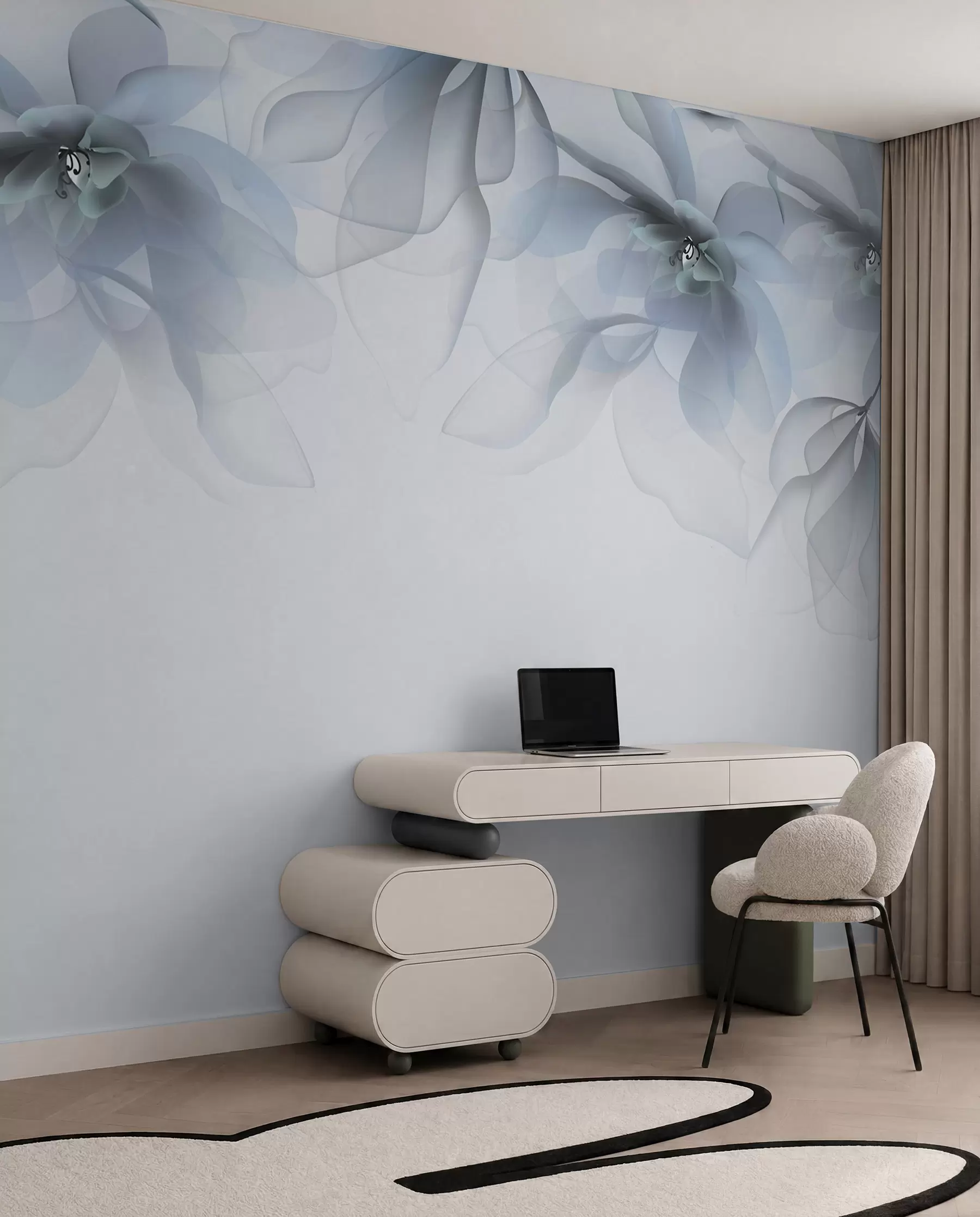 fototapeter blå gennemskinnelige store blomster på toppen w02093v2
