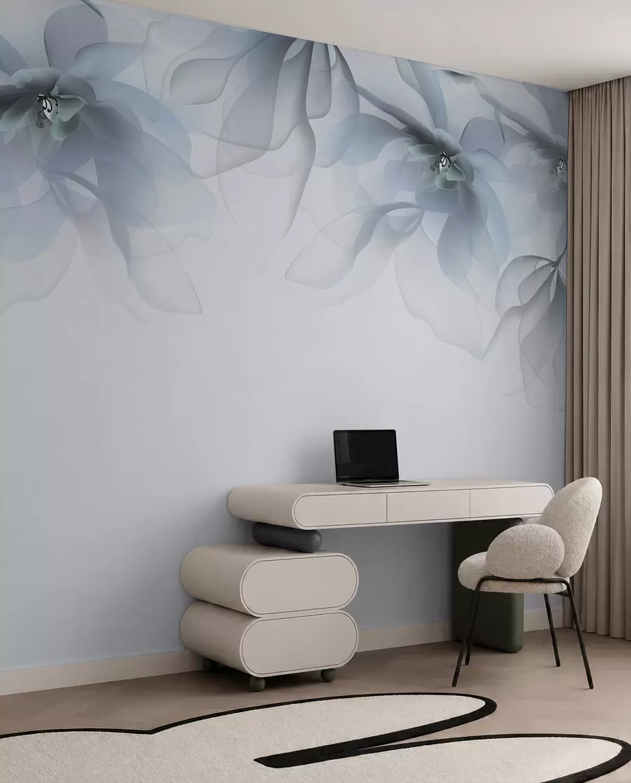 fototapeter blå gennemskinnelige store blomster på toppen w02093v2