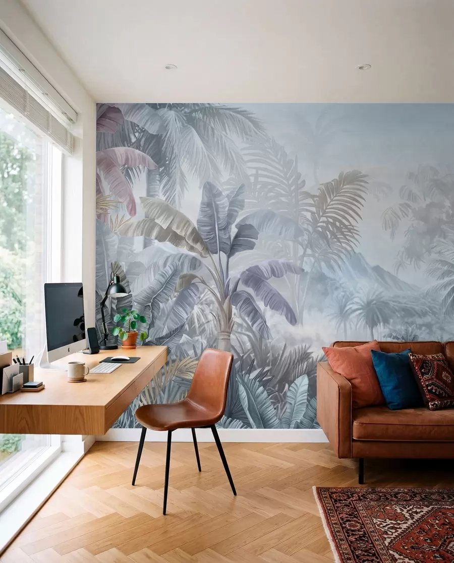 Murale Forêt tropicale dans des tons bleus doux w01931