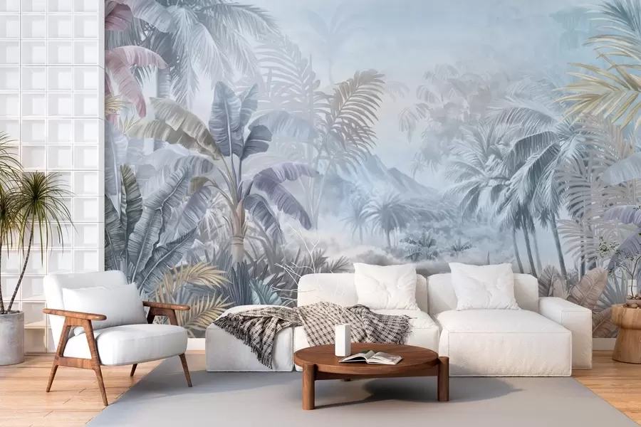 Murale Forêt tropicale dans des tons bleus doux w01931