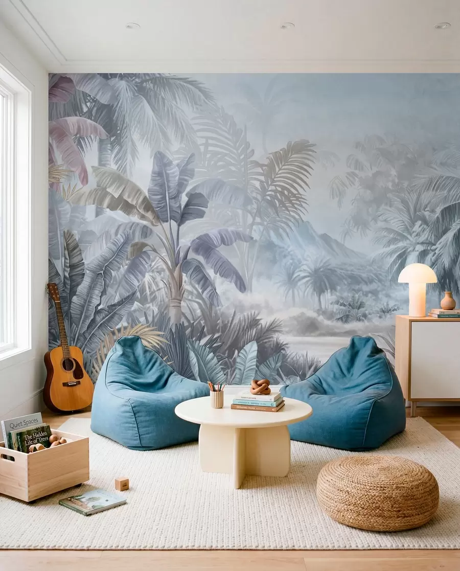 Murale Forêt tropicale dans des tons bleus doux w01931