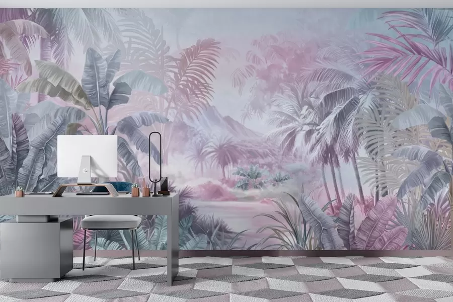 Murale Forêt tropicale dans des tons bleus et roses doux w01931v2