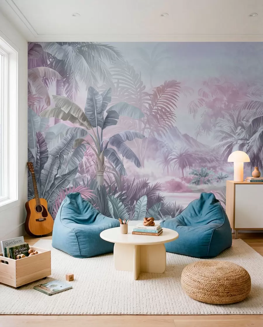 Murale Forêt tropicale dans des tons bleus et roses doux w01931v2