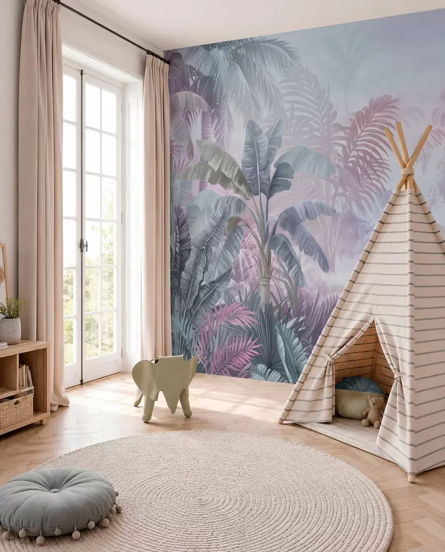 Murale Forêt tropicale dans des tons bleus et roses doux w01931v2