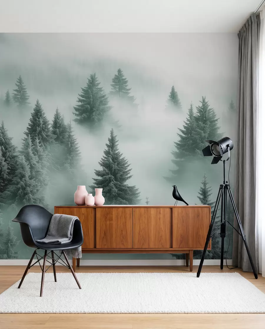 Murale Brouillard épais enveloppant une forêt enneigée du matin dans des tons de vert w02064v1