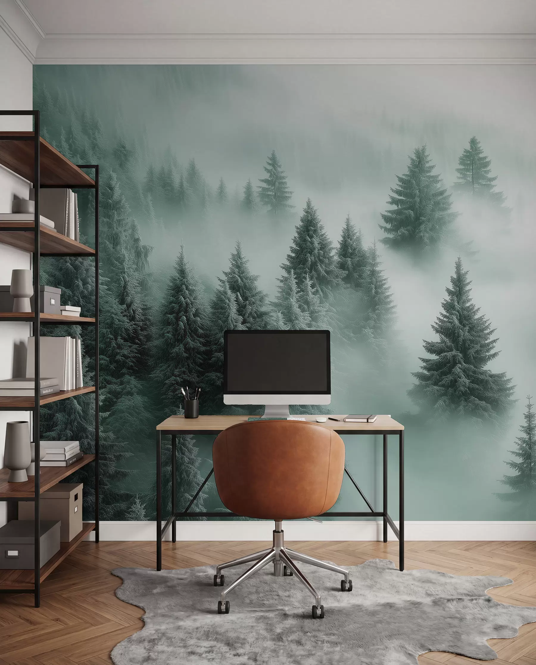Murale Brouillard épais enveloppant une forêt enneigée du matin dans des tons de vert w02064v1