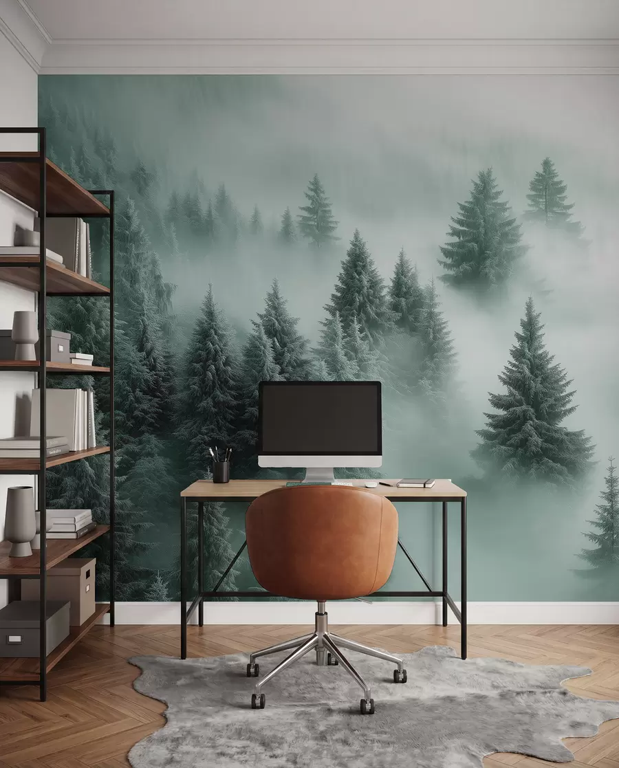 Murale Brouillard épais enveloppant une forêt enneigée du matin dans des tons de vert w02064v1