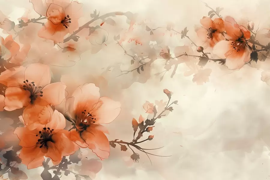 Fototapete Aquarell Komposition von Blumen in warmen Pfirsich und Orange Schattierungen w02068