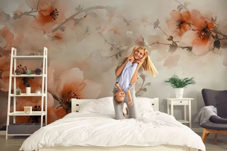 Fototapete Aquarell Komposition von Blumen in warmen Pfirsich und Orange Schattierungen w02068