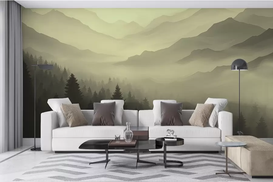 Murale Forêt et montagnes dans les tons verts w02186v1