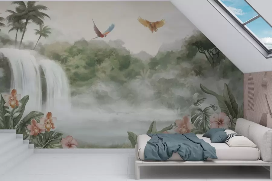Murale Paysage tropical avec cascade, étang, fleurs et oiseaux w02127
