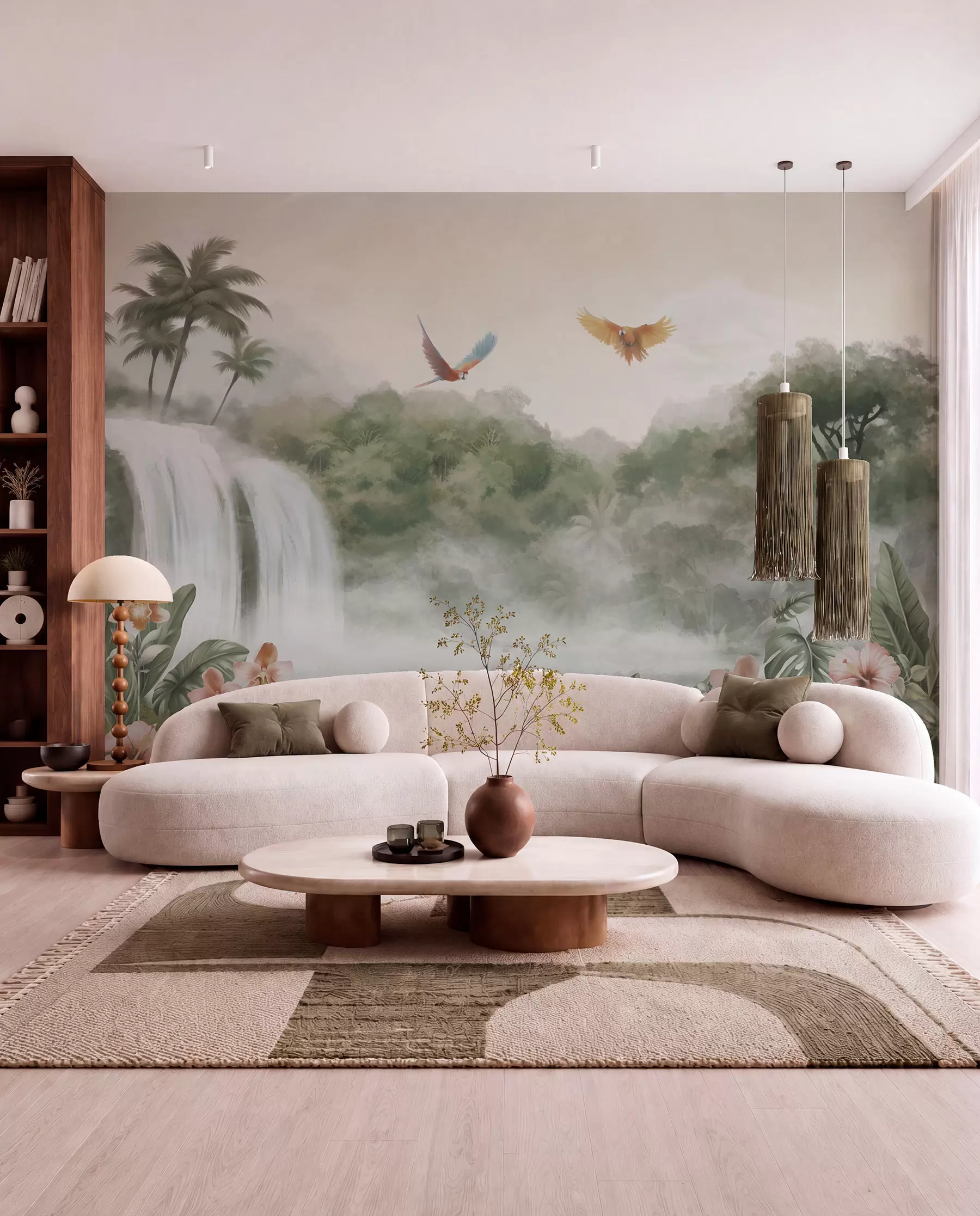 Murale Paysage tropical avec cascade, étang, fleurs et oiseaux w02127