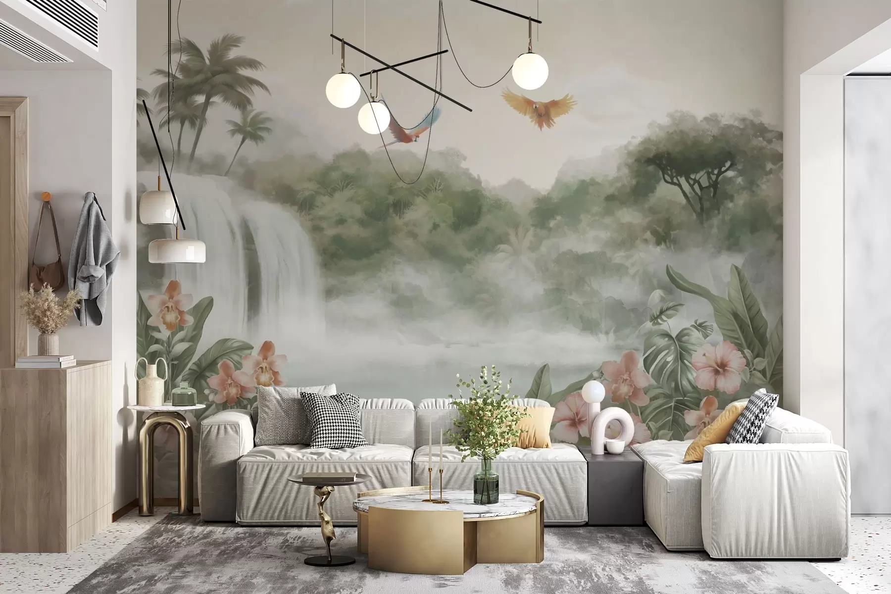 Murale Paysage tropical avec cascade, étang, fleurs et oiseaux w02127