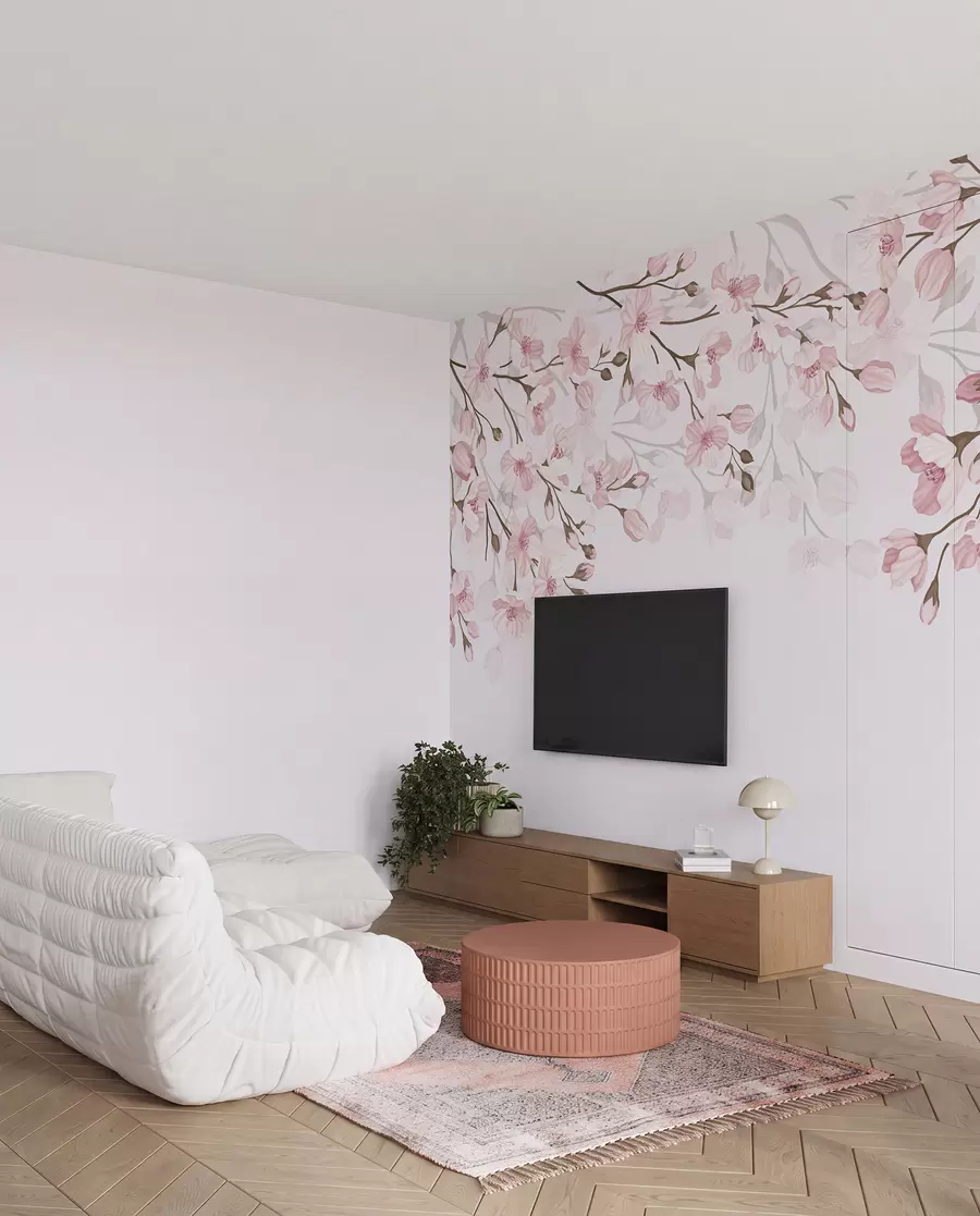 fototapeter lyserøde blomstrende grene på en lyserød baggrund w02200