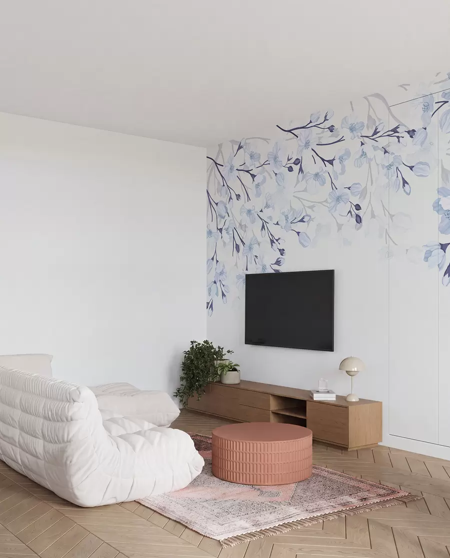 Murale branches fleuries bleues sur fond bleu w02200v1