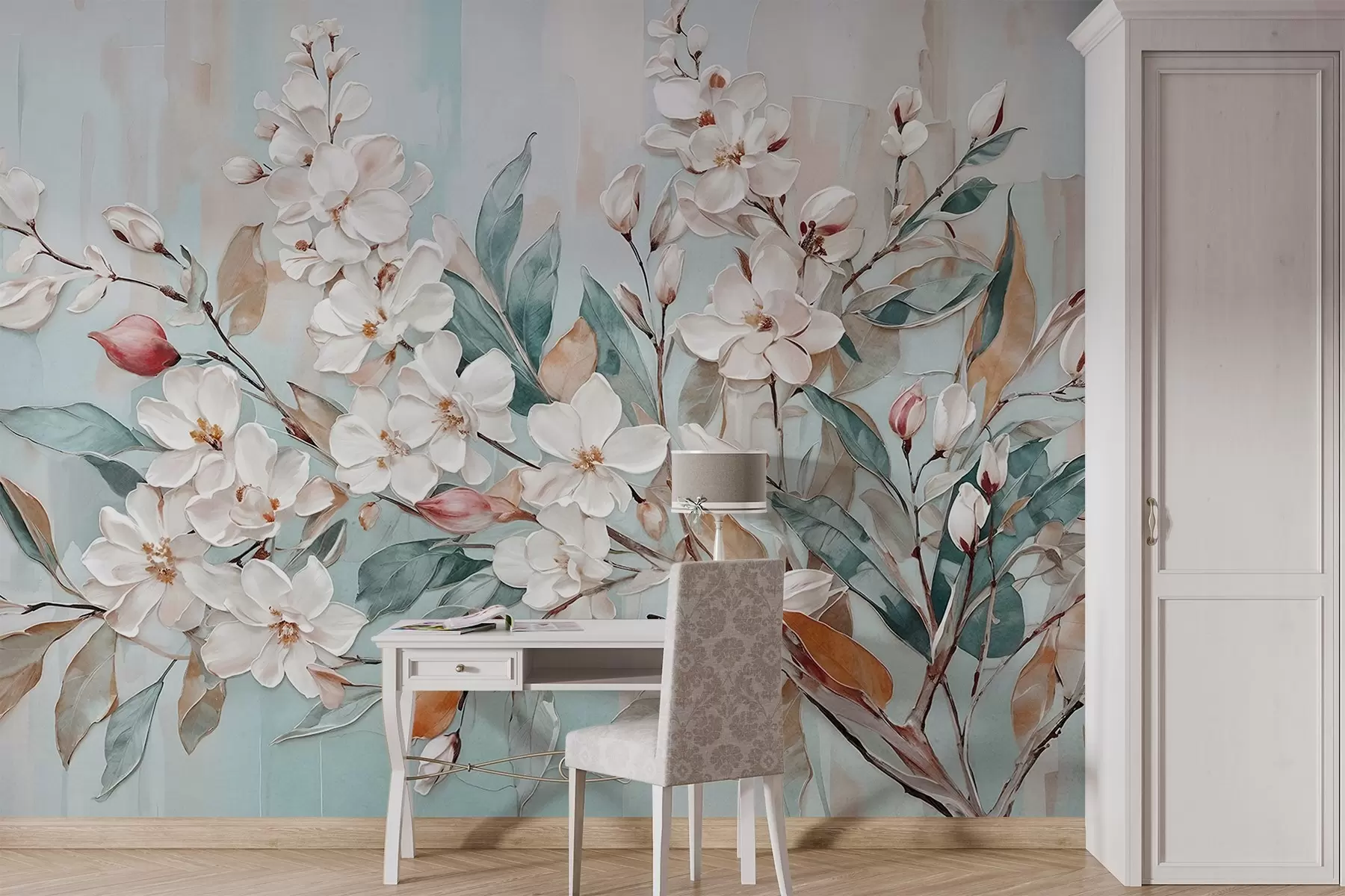fototapeter Pastelfarvede, sarte hvide blomster med rosa midte, omgivet af frodige grønne blade og grene w08399