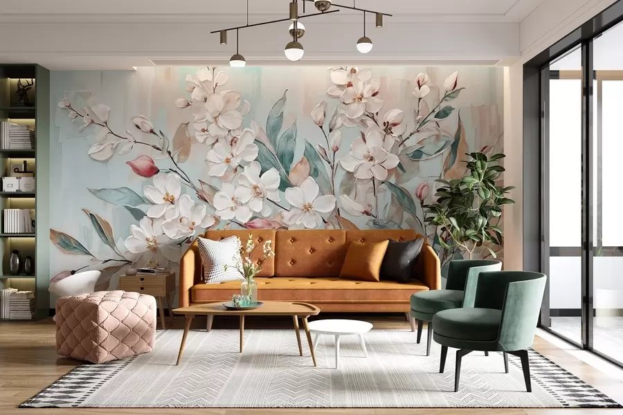 Fototapete Floral Pastell zarten weißen Blüten mit rosa Zentren, umgeben von üppigen grünen Blättern und Zweigen w08399