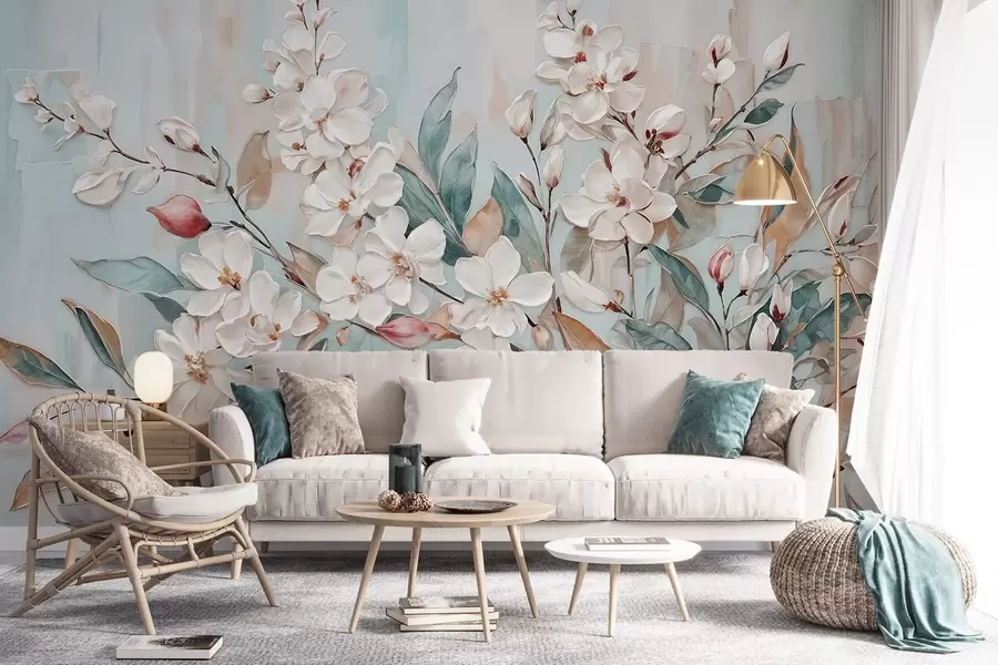 Fototapete Floral Pastell zarten weißen Blüten mit rosa Zentren, umgeben von üppigen grünen Blättern und Zweigen w08399