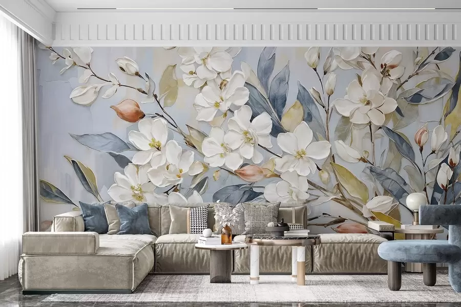 Fototapete Florale pastellfarbene zarte weiße Blüten mit gelber Mitte, umgeben von üppigen grünen Blättern und Zweigen w08399v1