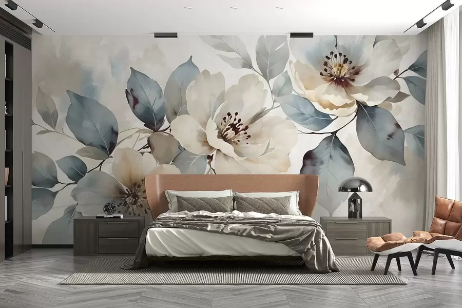 Murale Arrangement floral blanc et bleu délicatement texturé à l'aquarelle, avec des pétales et des centres doux w08401