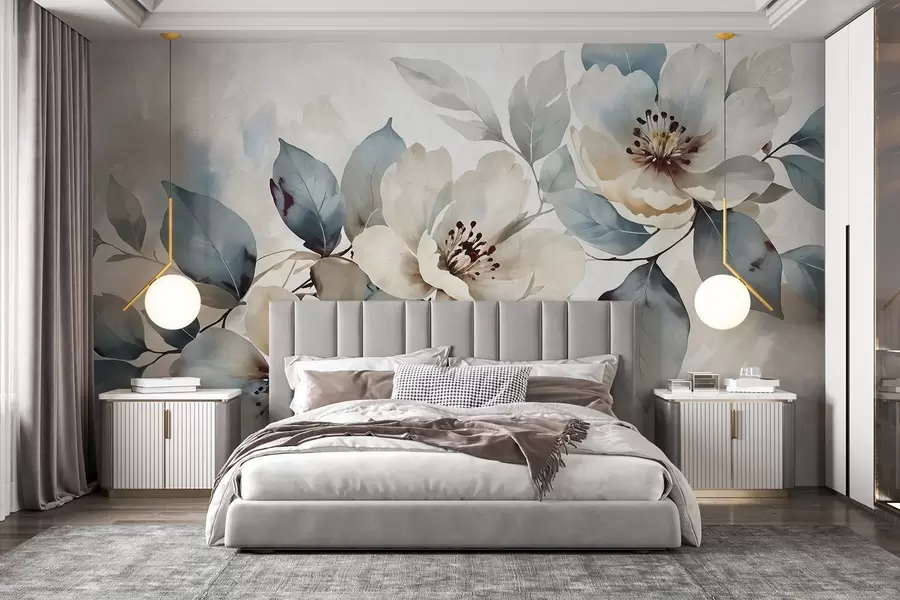 Murale Arrangement floral blanc et bleu délicatement texturé à l'aquarelle, avec des pétales et des centres doux w08401