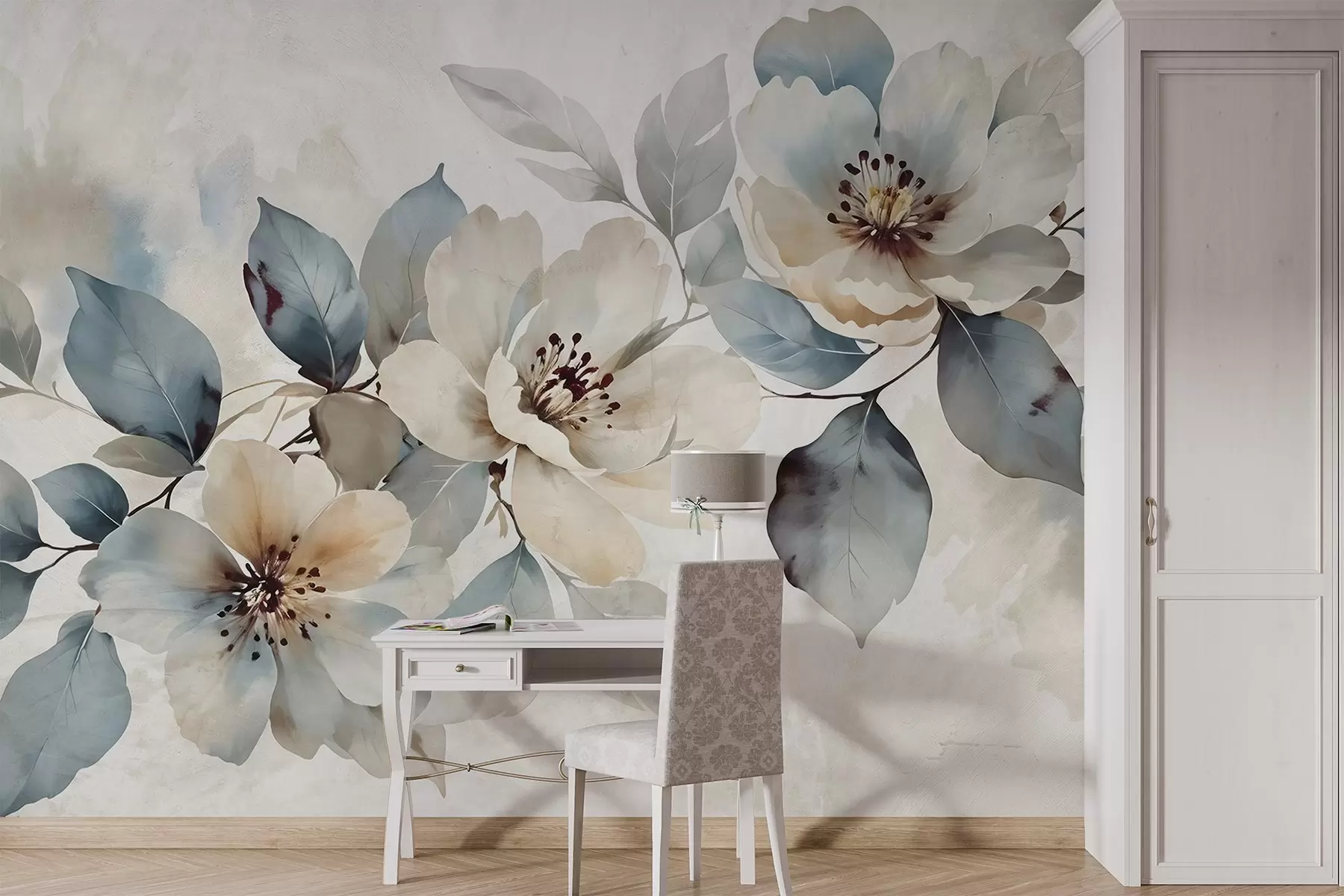 fototapeter Delikat akvarelstruktureret hvidt og blåt blomsterarrangement med bløde kronblade og centre w08401
