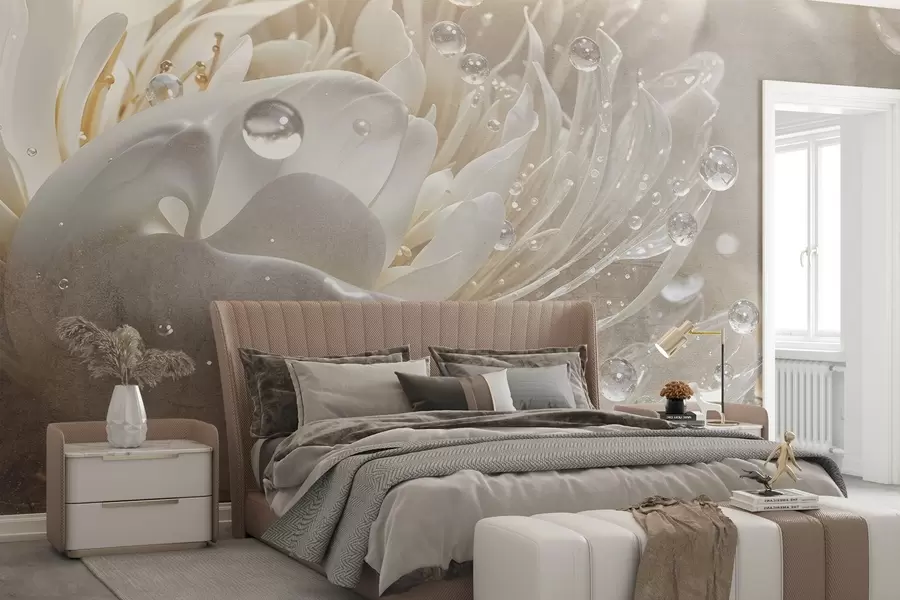 Fototapete Eine Nahaufnahme einer beigen Pfingstrose mit Wassertropfen auf den zarten Blütenblättern, die eine sanfte Atmosphäre schaffen w08402