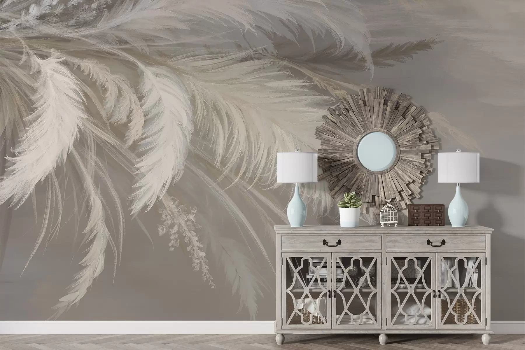 Murale Plumes blanches douces et duveteuses et fleurs séchées sur un fond beige pastel neutre w08403