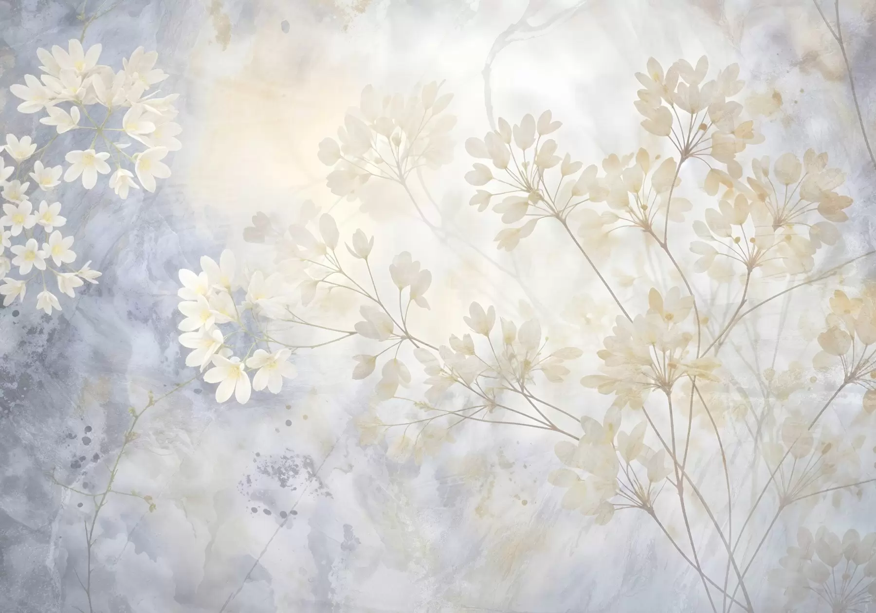 Fototapete Zarte abstrakte Pastell Druck von weißen Blumen auf verschwommenen Hintergrund, weich und ätherisch w08408