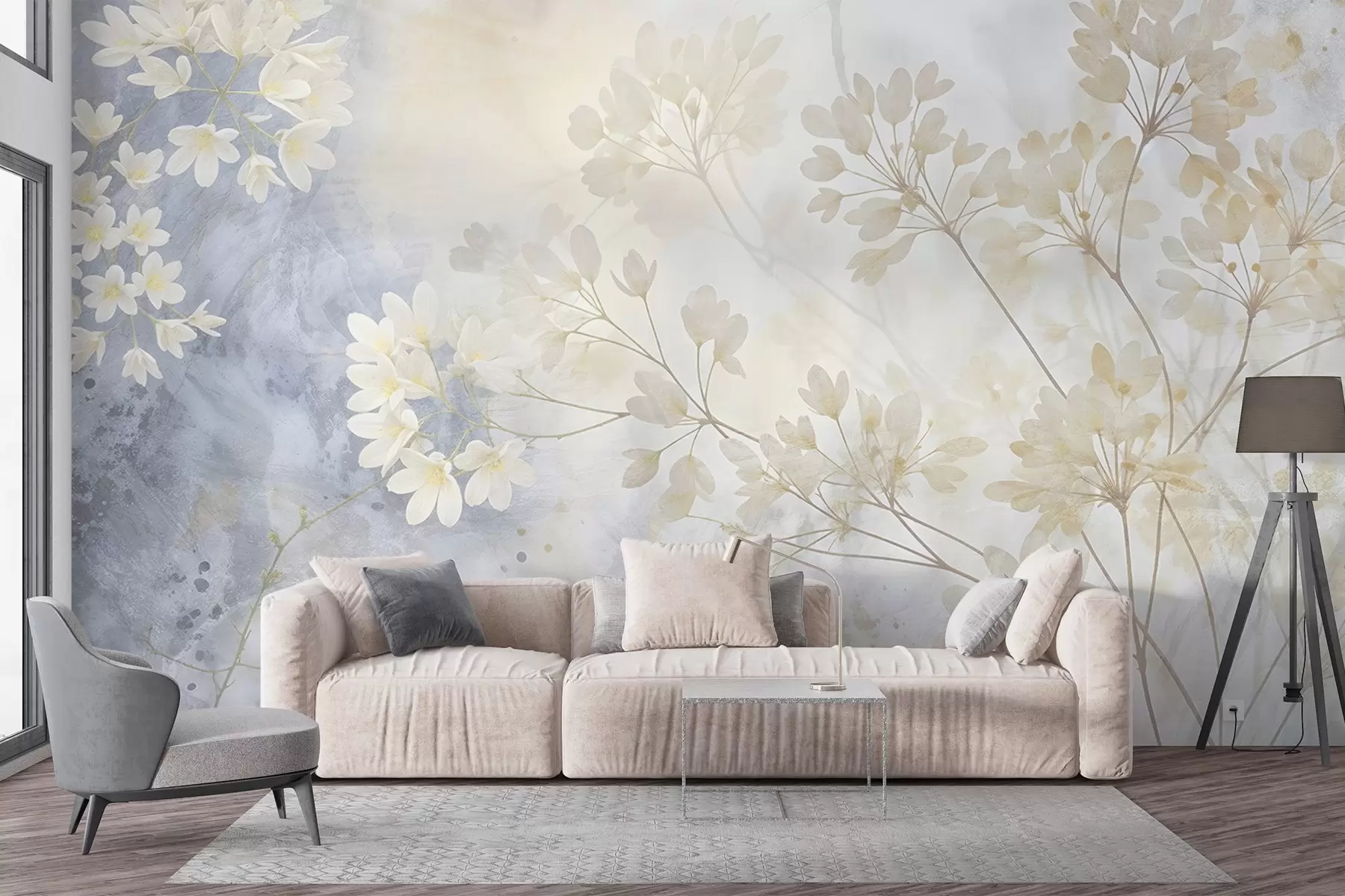 Murale Délicate impression abstraite pastel de fleurs blanches sur fond flou, douce et éthérée w08408