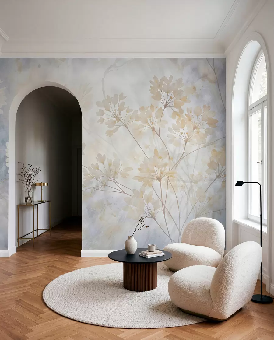 fototapeter Delikat abstrakt pastelprint af hvide blomster på sløret baggrund, blødt og æterisk w08408