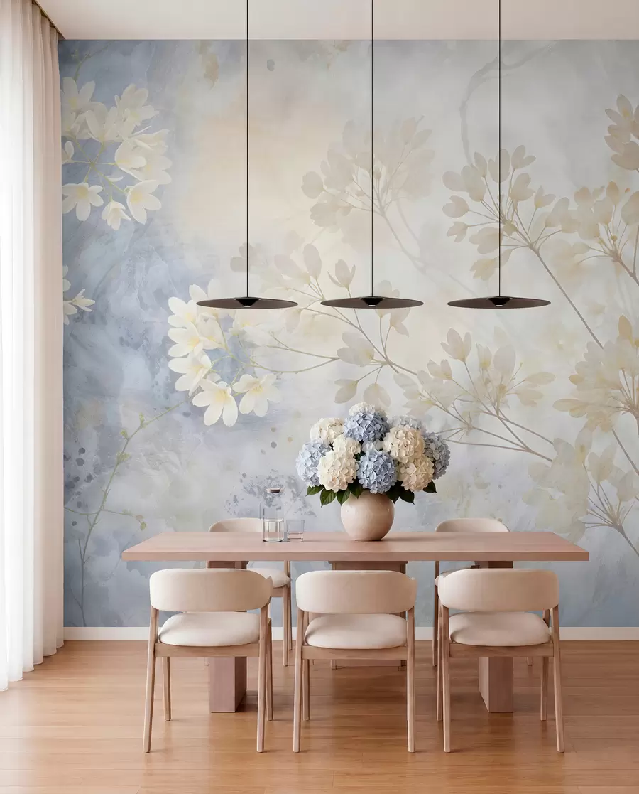 fototapeter Delikat abstrakt pastelprint af hvide blomster på sløret baggrund, blødt og æterisk w08408
