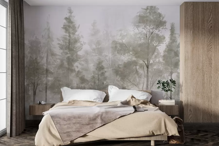 Fototapete Hohe strukturierte Kiefern in einem nebligen Wald, mit einer dunstigen Atmosphäre w08411