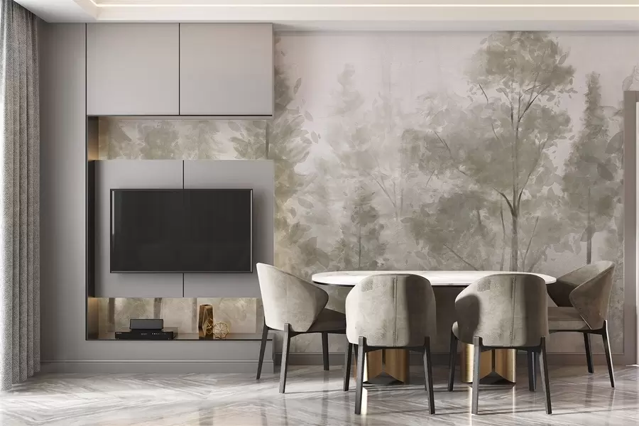 Fototapete Hohe strukturierte Kiefern in einem nebligen Wald, mit einer dunstigen Atmosphäre w08411