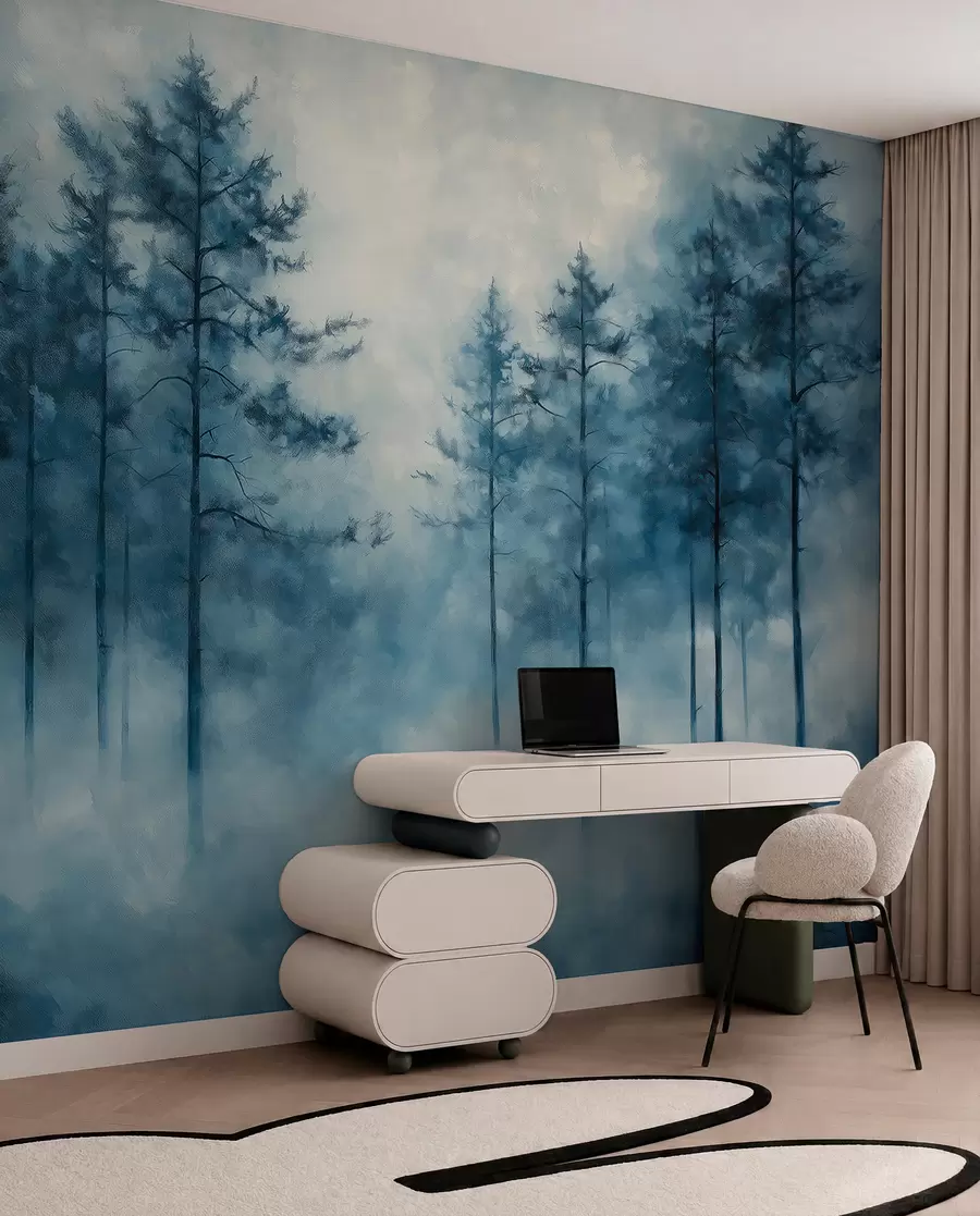 fototapeter Mystisk skov, fyrretræer, tåge, akrylmaling, dybe blå farver w02149