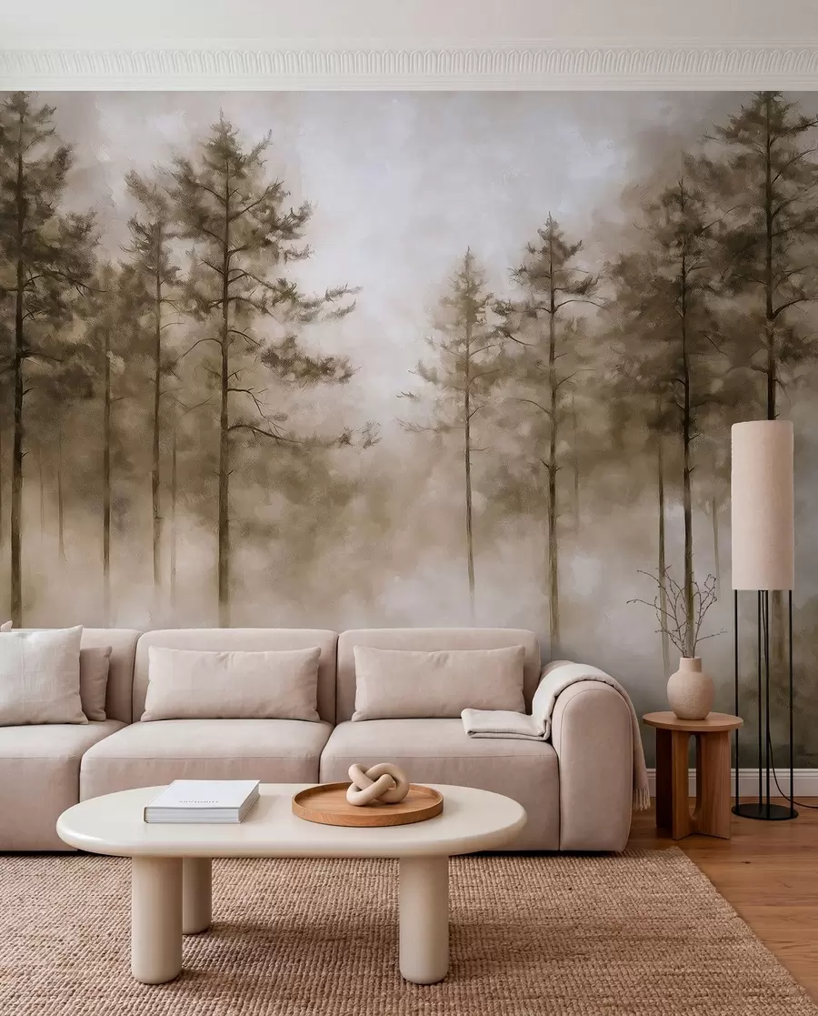 fototapeter Mystisk skov, fyrretræer, tåge, akrylmaling, beige farver w02149v1