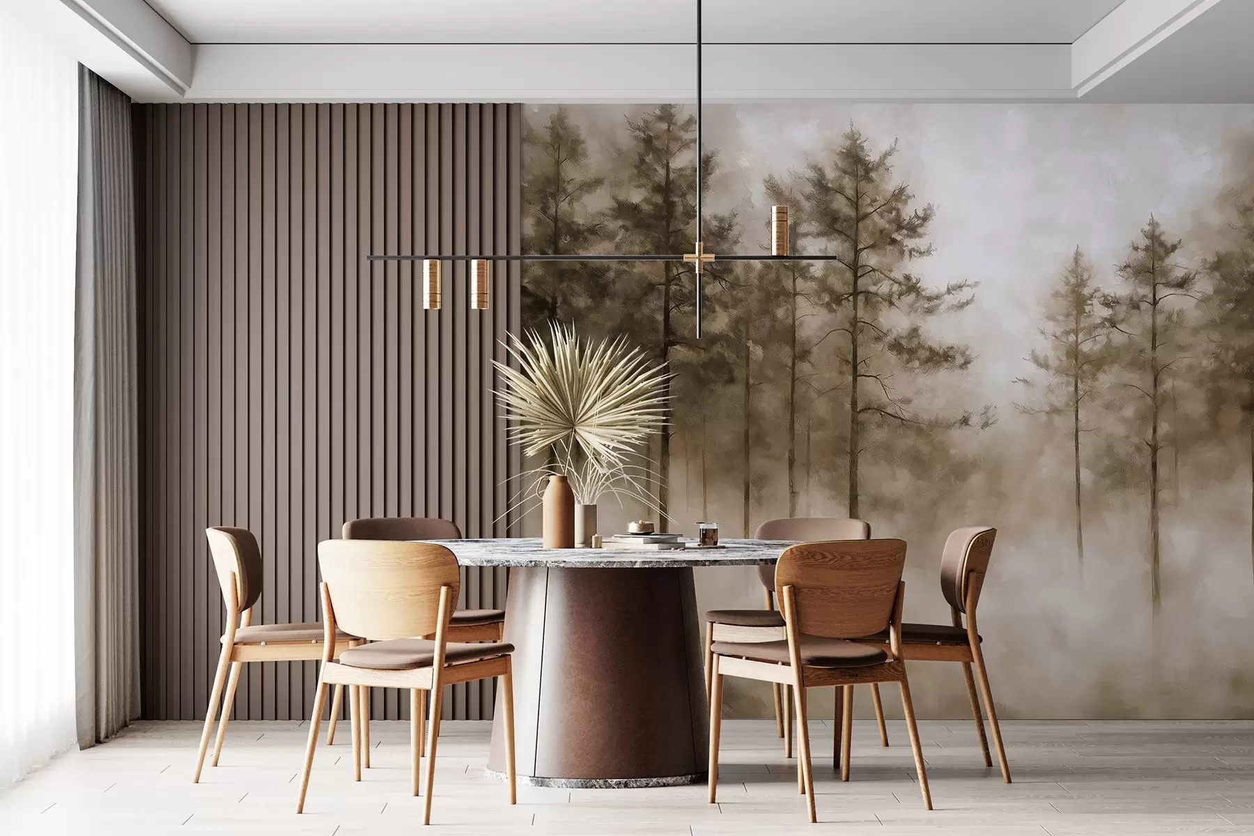 fototapeter Mystisk skov, fyrretræer, tåge, akrylmaling, beige farver w02149v1